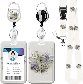 Watercolor Dragonfly ID Badge Holder with Lanyard, Retractable Lanyards for Floral ID Badges Name Tag Clips, Funny Nurse Teacher Office Student Gift