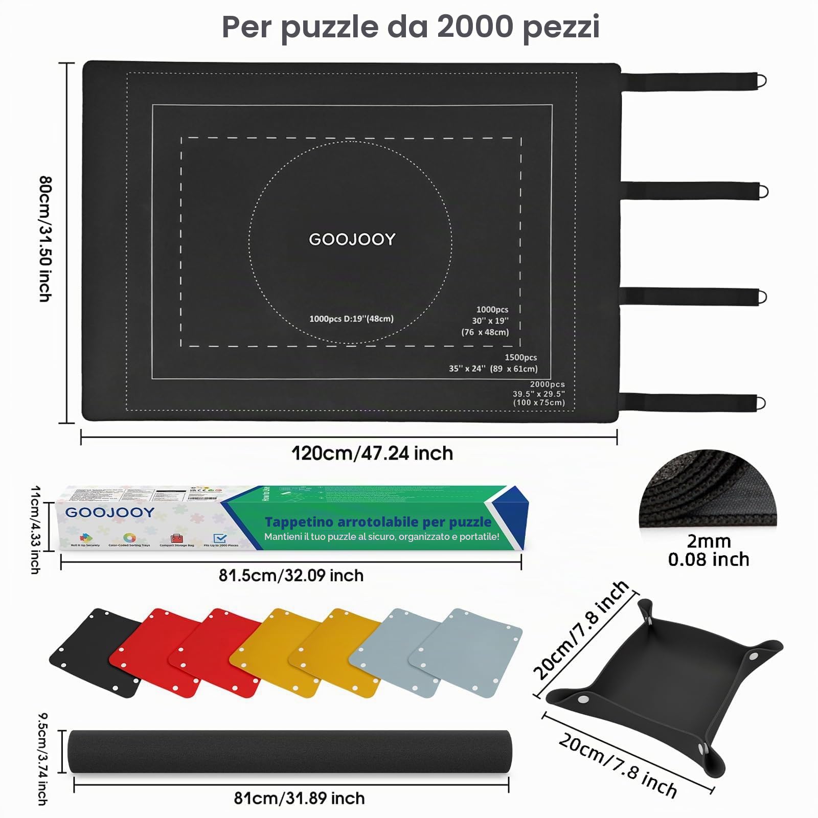 Tappetini per Puzzle Fino a 2000 Pezzi con Base in Gomma Antiscivolo - Tappeto120 x 80cm per 1000/1500 e 2000 Pezzi, Design Arrotolabile in Secondi, Completto di 8 Vassoi e Borsa
