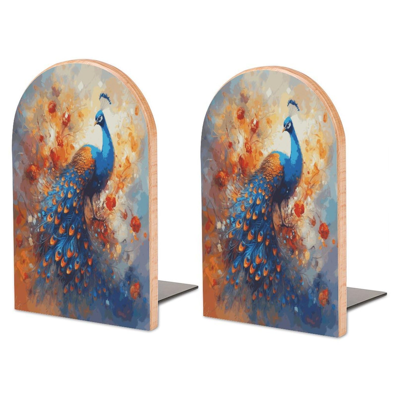 Large Peacock2 Book End with Metal Base Fashion Heavy Duty Bookend Exquisite Wooden Bookends Non-Skid Book Stopper for Shelves Books Organizer for Office Home 1 Pair