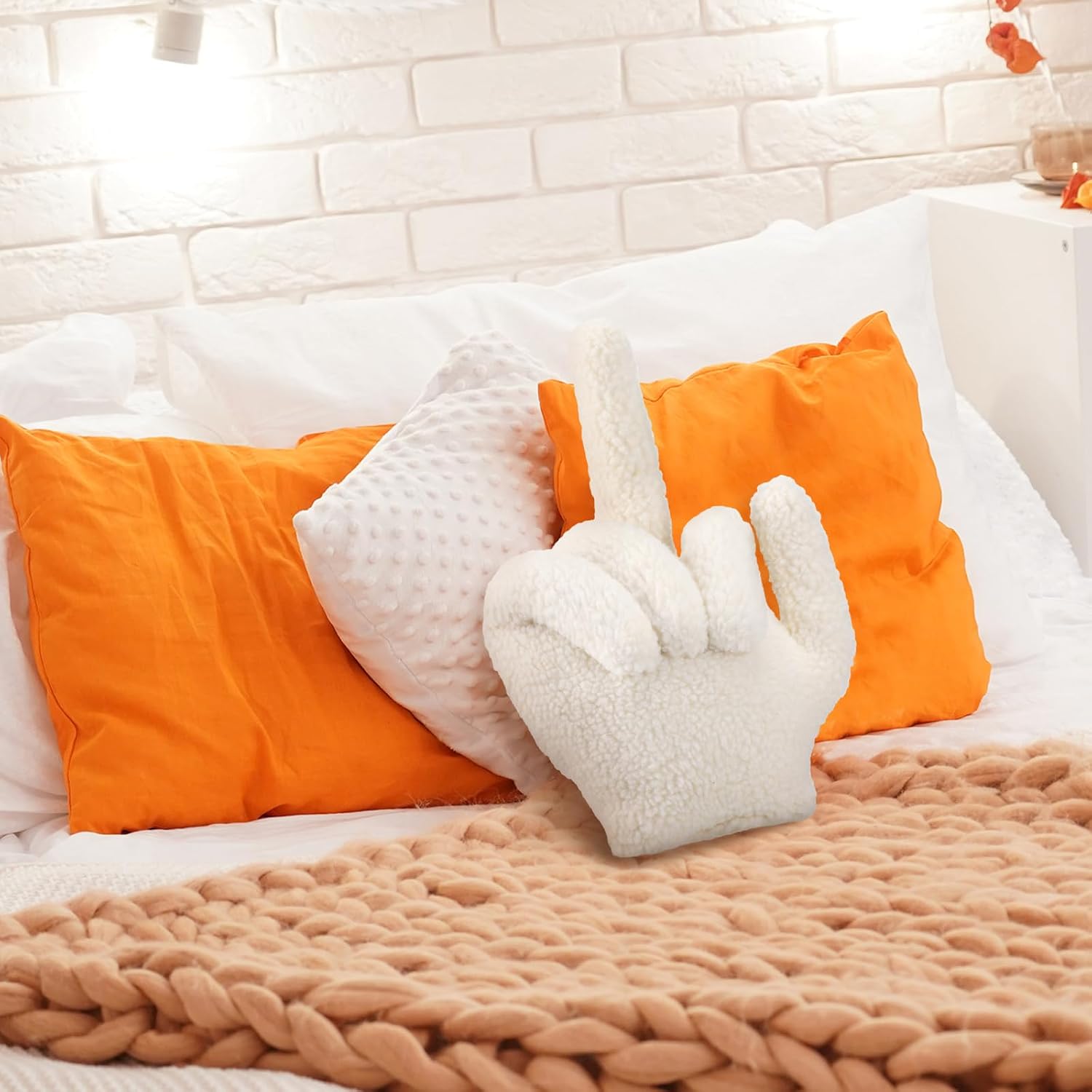 Menkxi Small Middle Finger Decorative Pillow 13.78 x 9.84 in Funny Shaped Sherpa Fleece Throw Pillow Warm Soft Emoticon Cushion Middle Finger Decor for Couch Gag Gift(Ivory)