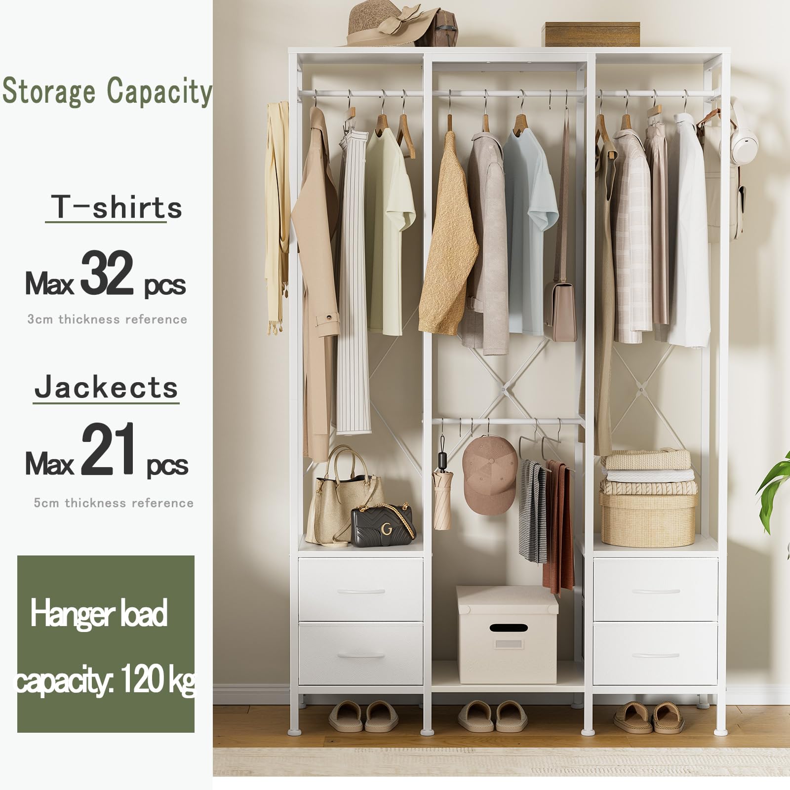 Perchero, Armario Abierto para Ropa, Perchero Burro Ropa, Resistente, para Dormitorio, Salón, Entrada, Blanco | Fácil montaje, parte superior de madera, marco de acero, almacenamiento definitivo, resistente, sistema multifuncional