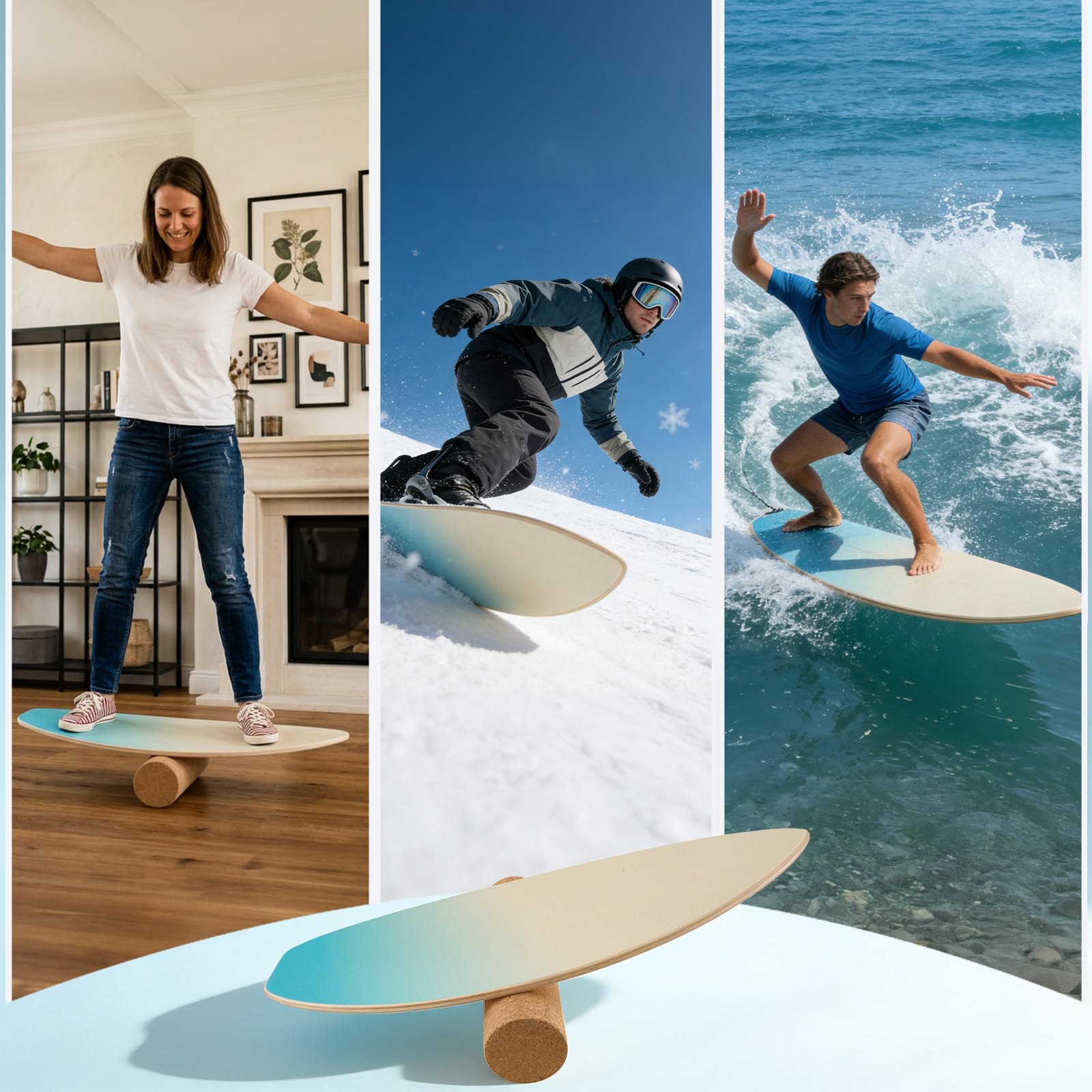 Surf Balance Board Set aus Holz, 3 in 1 Balanceboard mit Korkrolle, Halbkugel und Ball, Indoor Surfbrett für Erwachsene und Kinder, Fishtail Design mit Meeresblau Sandgelb Verlauf,180 kg belastbar