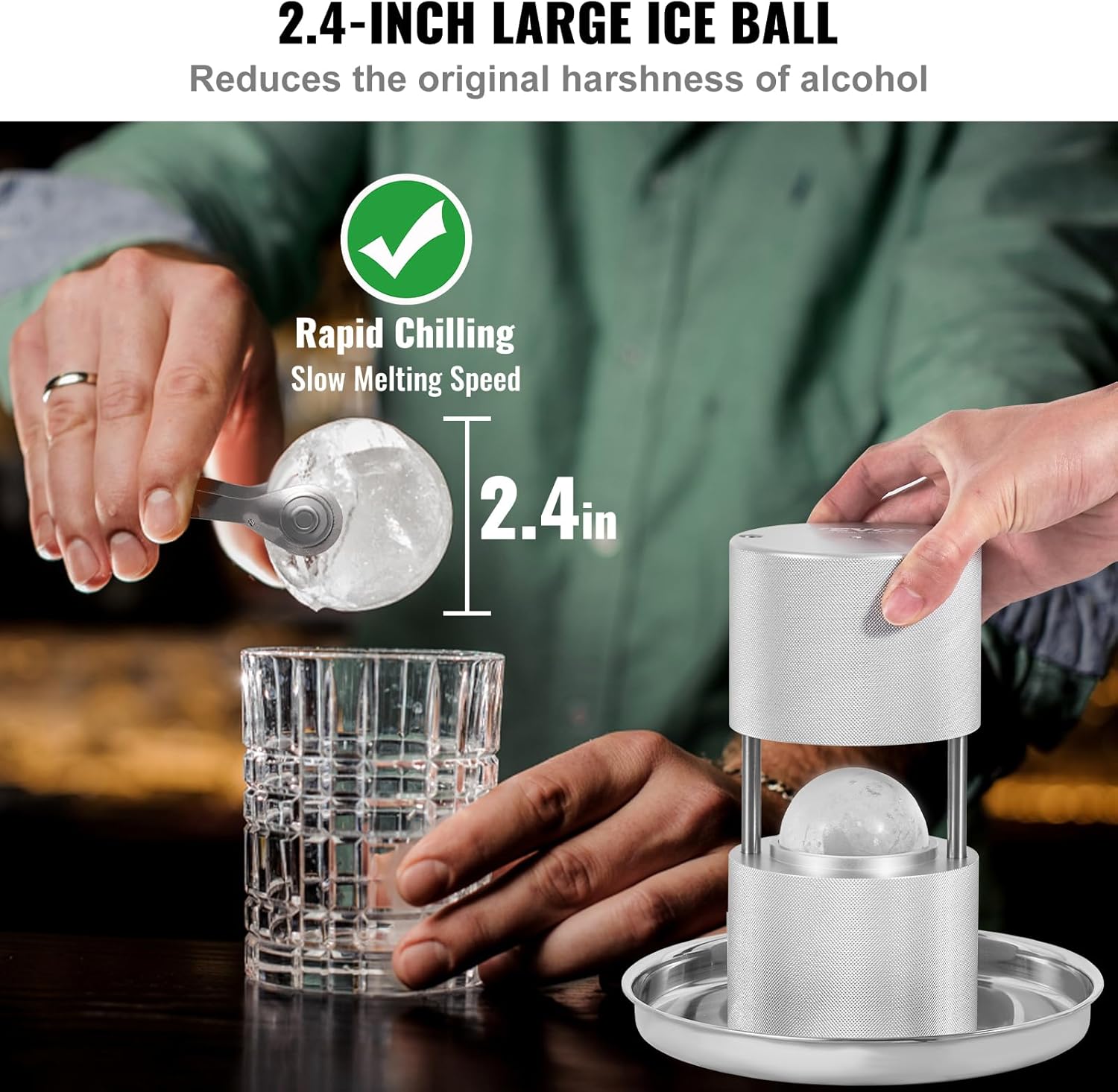 VEVOR Ice Ball Press Kit, Aviation Aluminum Ice Press with Ice Block Mold, Large Mat, Tong, Drip Tray, One Glass, Round Ice Ball Maker 2.4"/60 mm Ice Sphere, for Whiskey, Cocktail on Party & Holiday