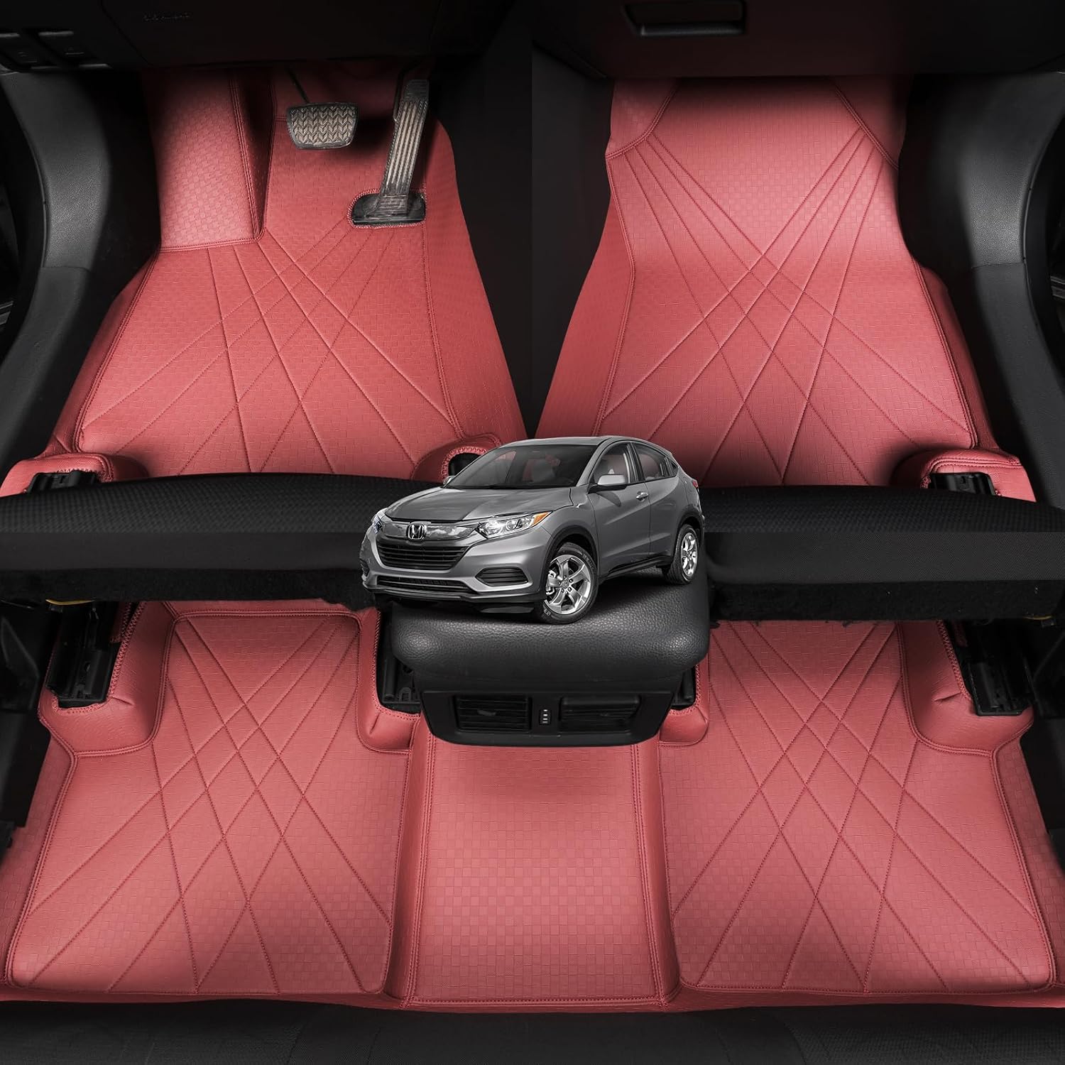 EKR Custom Fit Full Set Car Floor Mats for Select Honda HRV 2016 2017 2018 2019 2020 2021 2022 - Leatherette (Black and Black Stitching)