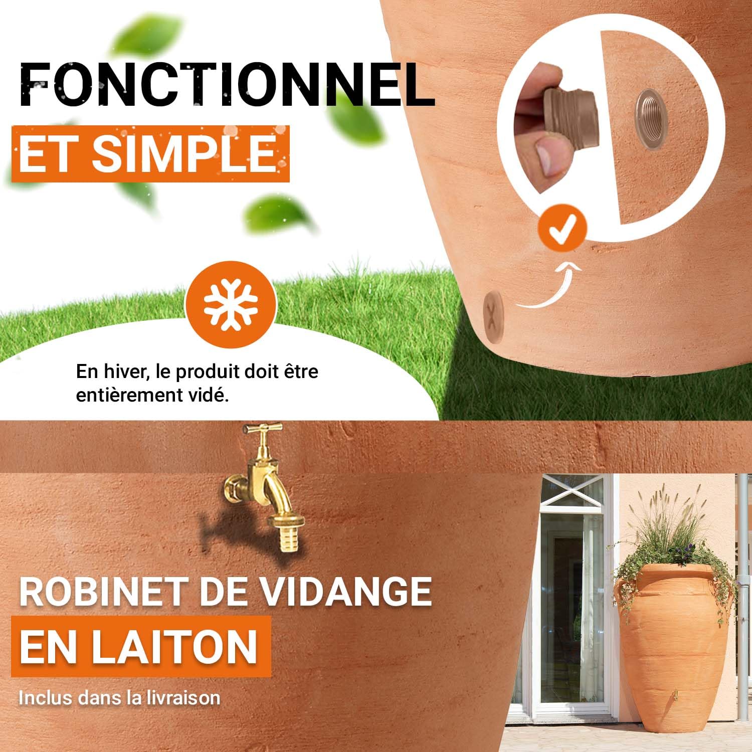 GARANTIA Amphore Antik Recuperateur d Eau de Pluie Kit 250L Terracotta