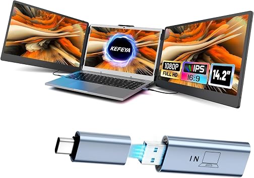KEFEYA 14.2" Portable Triple Monitor & H6 USB Video Transmission Hub, Data to Video Signal Conversion Hub Laptop Screen Extender, Compatible with M1/M2/M3 MacBook