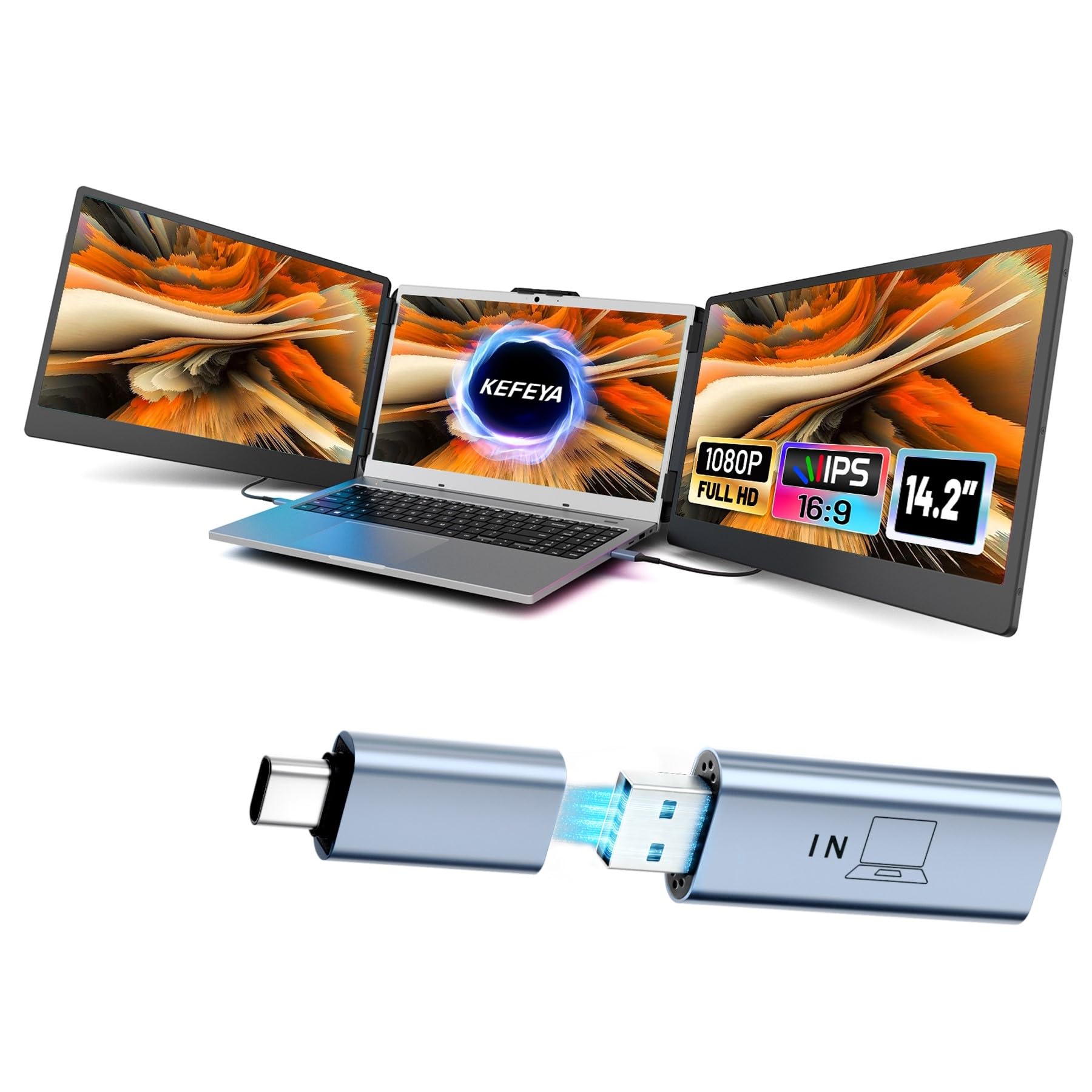 KEFEYA 14.2" Portable Triple Monitor &amp; H6 USB Video Transmission Hub, Data to Video Signal Conversion Hub Laptop Screen Extender, Compatible with M1/M2/M3 MacBook