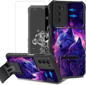 for Samsung Galaxy A03S Phone Case with Screen Protector with Stand & Camera Lens Protector Cover Dual Layer Hybrid Heavy Duty Shockproof Cover for A03S Samsung Phone Case,Blue Purple Wolf