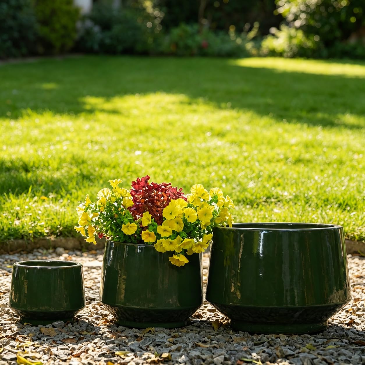 3er Set Keramik Blumentöpfe Groß, 38.1/28/22.9 cm Durchmesser Übertöpfe für Pflanzen, Große Blumentopf mit Drainagelöchern für Innen und Außen, Terrasse, Garten und Poolbereich, Dunkelgrün Glänzend