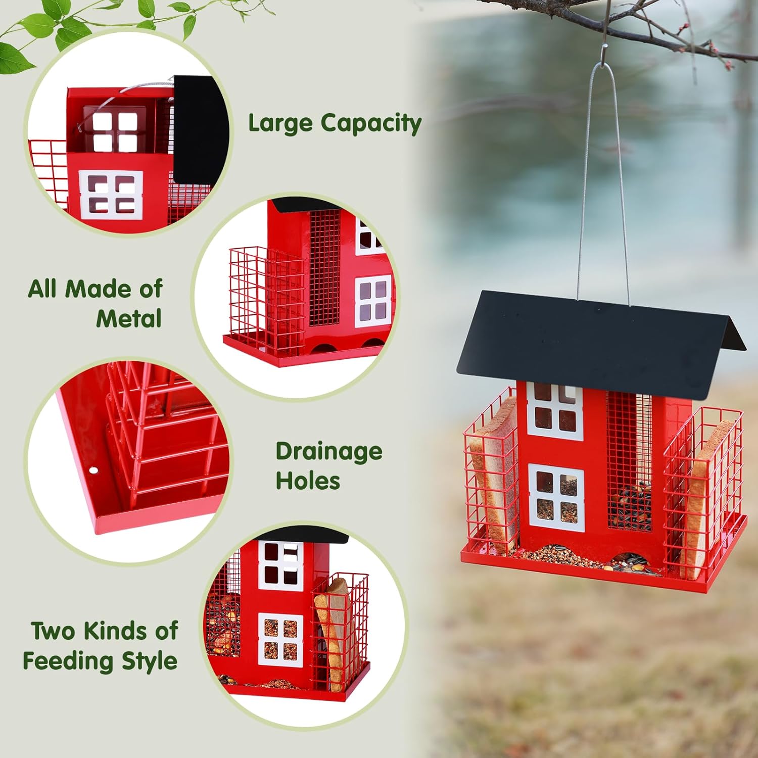Metal Bird Feeders for Outdoors Hanging with 2 Suet Cage Cake Squirrel Proof Hanging Suet Feeder Large Capacity Wild Bird Feeder Easy Clean&Anti-Rust Attracting Birdhouse Red - Image 3