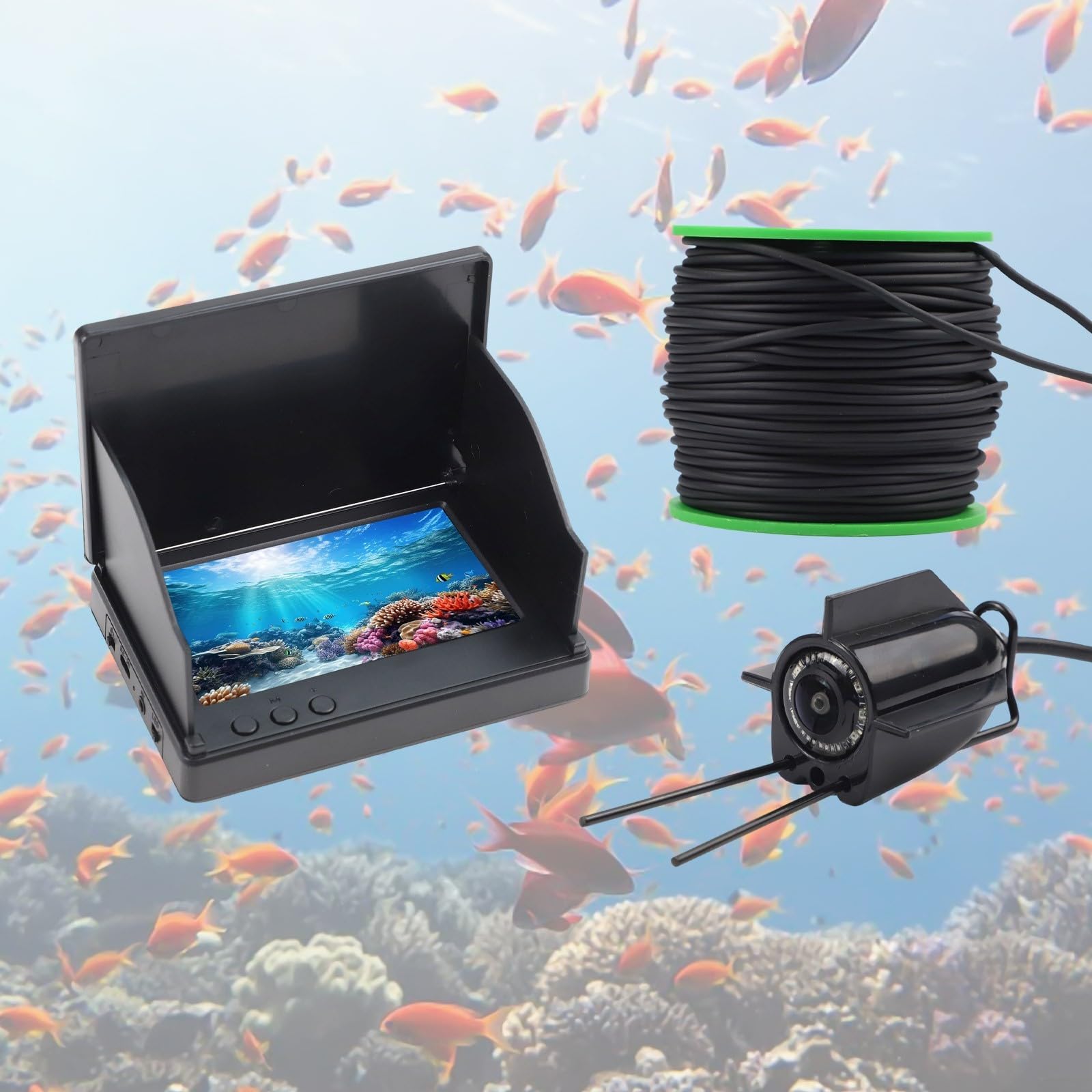 Cámara de pesca subacuática con visión nocturna y gran angular de 220°, buscador de peces HD con pantalla de 4.3 pulgadas, equipo portátil de pesca en hielo para condiciones de poca luz, negro (50 m)