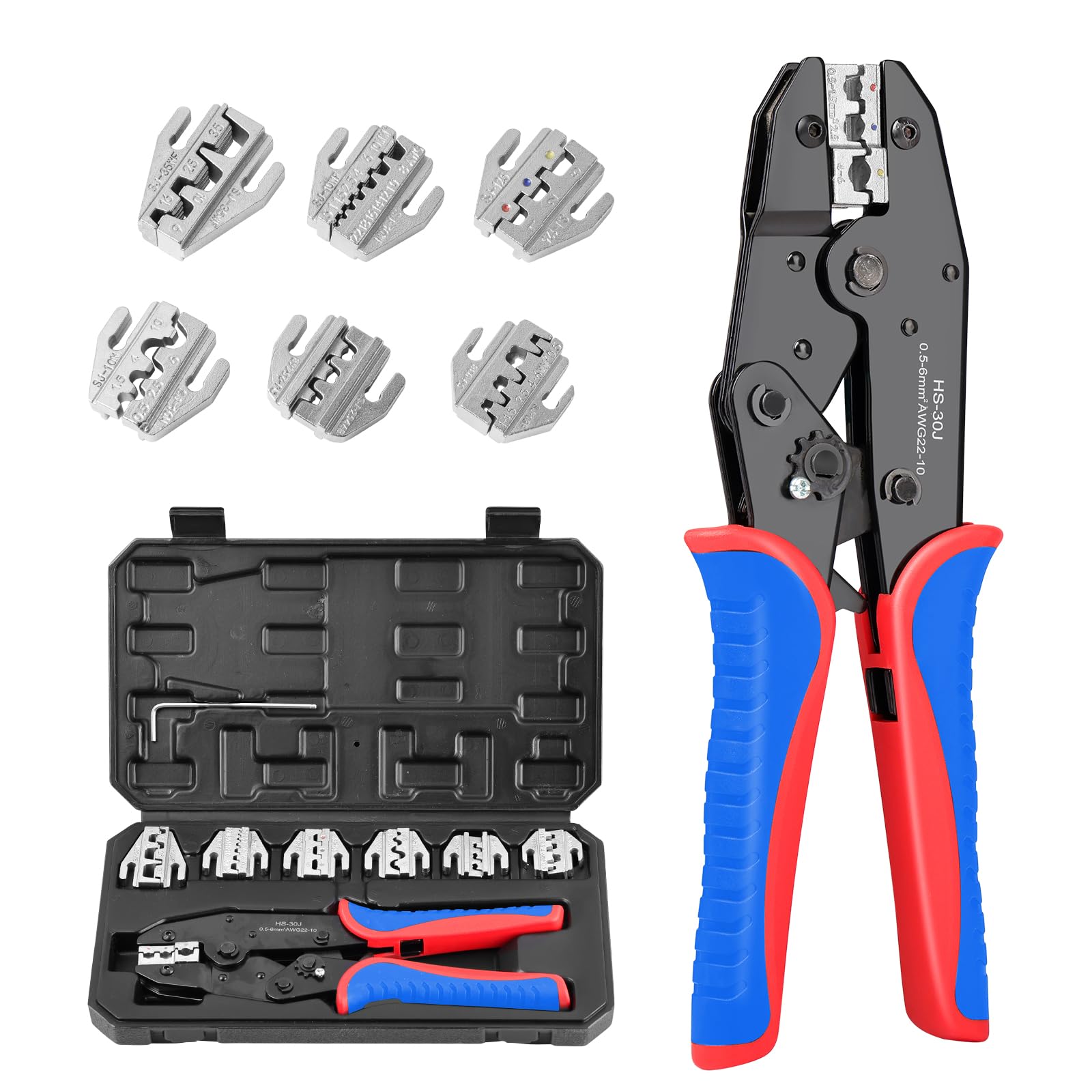 Professionelle Crimpzange Set mit 7 austauschbaren Backen für 0,5 – 35 mm² Crimp-Set für MC4-Solarstecker, isolierte und nicht isolierte Terminals, Aderendhülsen und Schrumpfschlauch Bleu