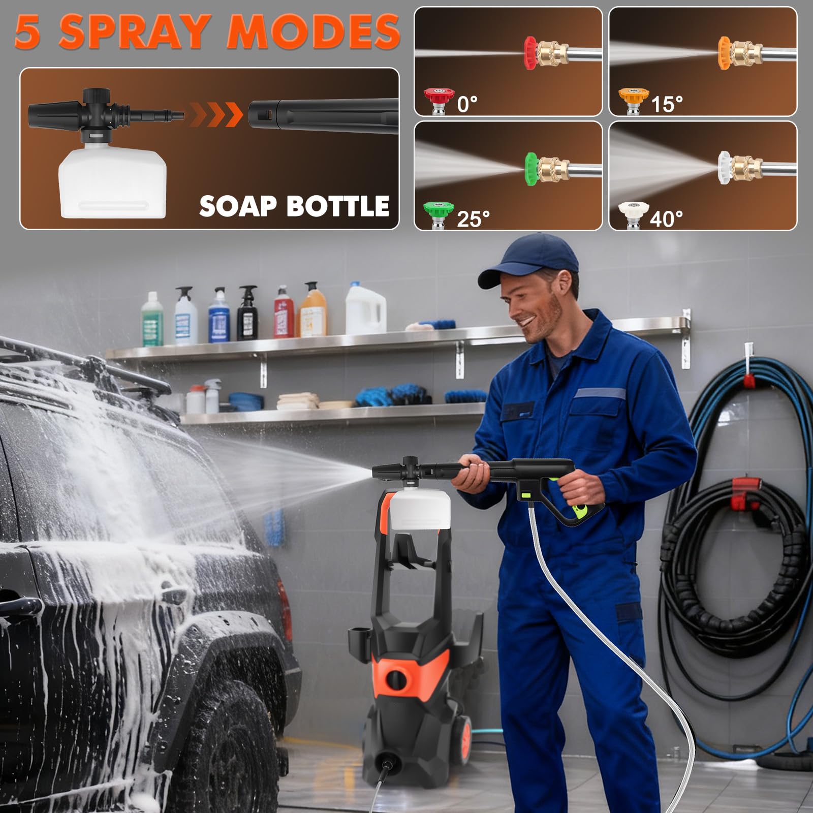KAOLALI Hidrolimpiadora de Alta Presion, Caudal 336L/H | 3000W Presión de Trabajo, con Pistola Pulverizadora, Manguera De 10 m, 4 Boquilla, para Coches, Vallas, Patios