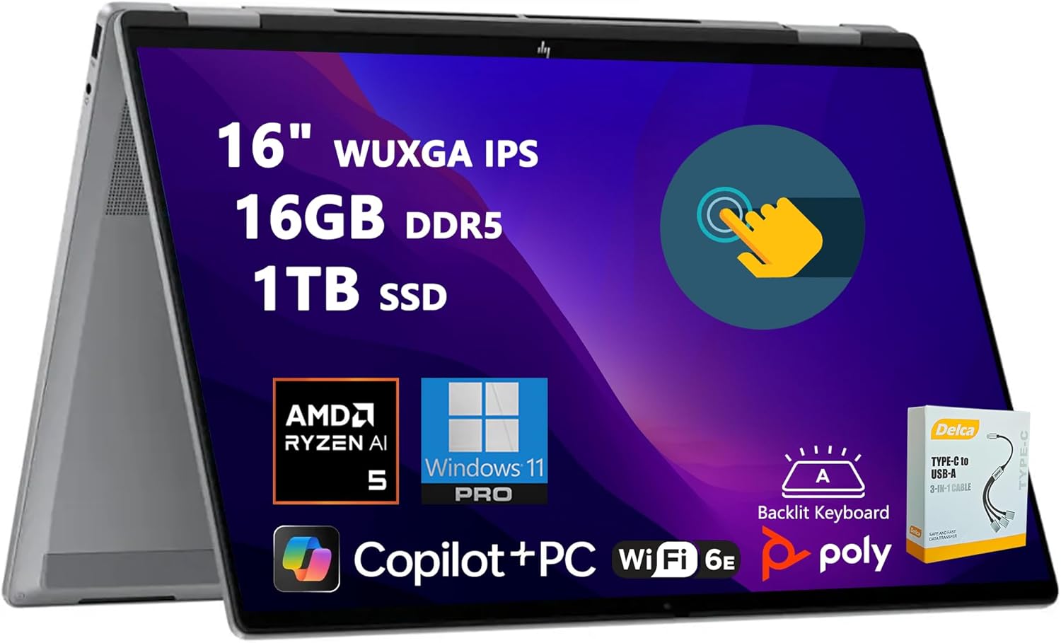 HP OmniBook X Flip AI PC 2-in-1 Laptop | 16" WUXGA Touchscreen | AMD 6-Core Ryzen AI 5 340 (Up to 50 Tops) | 16GB DDR5 1TB SSD | Backlit 5MP IR Privacy Camera Win11 Pro w/DLCA Accessory