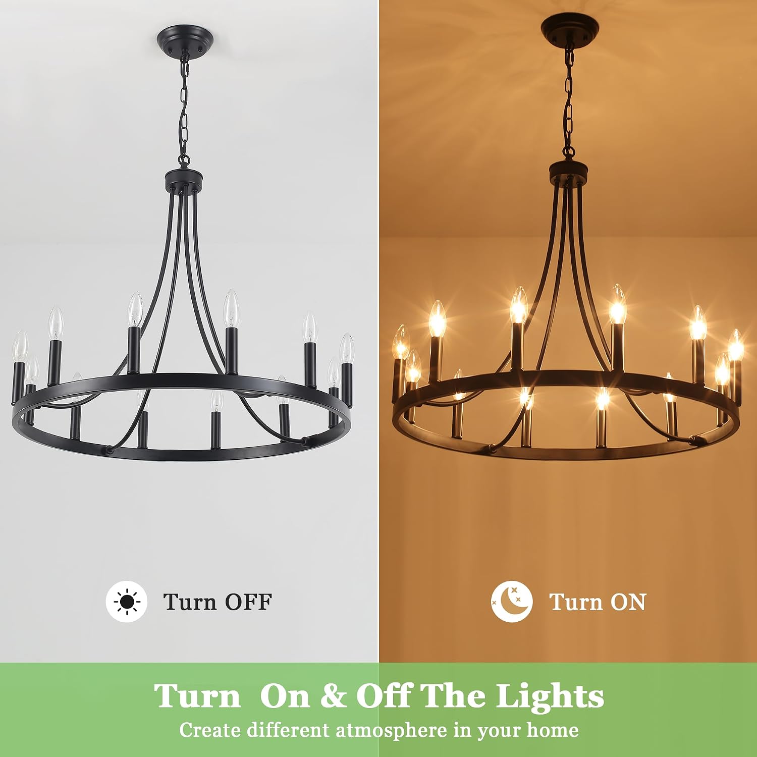 12 Light Wagon Wheel Chandelier for Dining Room, 27" Black Farmhouse Chandelier, Rustic Country Pendant Light Fixtures Round Chandeliers for Living Room High Ceilings Foyer Entryway