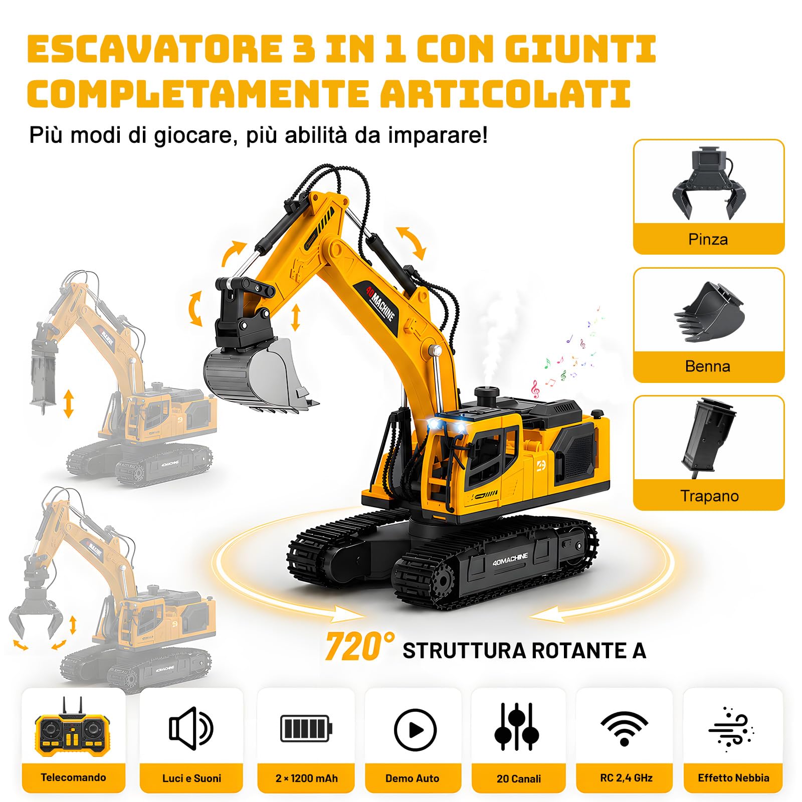 MOONTOY Escavatore Radiocomandato 3‑in‑1, 2,4 GHz RC 1:18 14 Canali, Benna Metallica, Pinza & Martello Demolitore, Luci, Suoni, Vapore, Rotazione 720°, Giocattolo Regalo Bambino 6 7 8 9 10 Anni