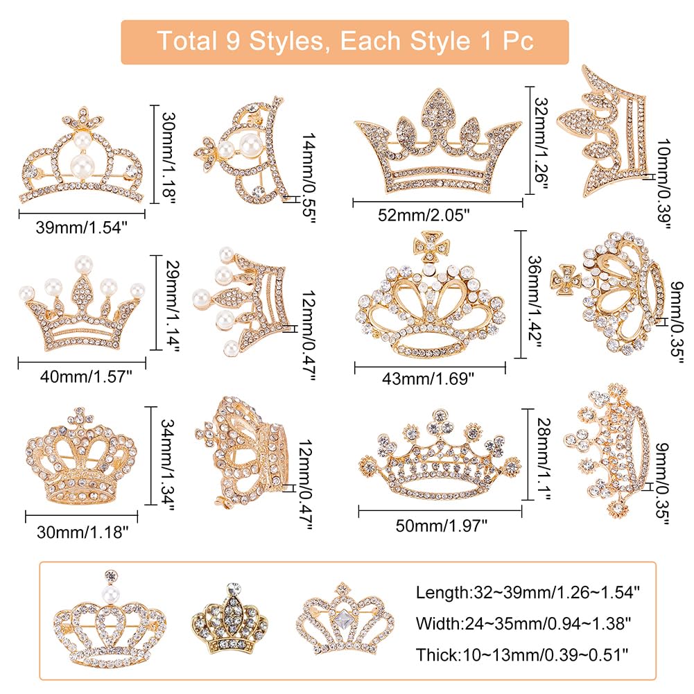 CHGCRAFT 9Pcs 9 Stili Spilla Corona Spille Strass Corona Spille Corona Lega Spille per Camicie Abiti Abito da Sposa Festa di Nozze Lunghezza da 0.94 Pollici A 1.41 Pollici, Oro Chiaro