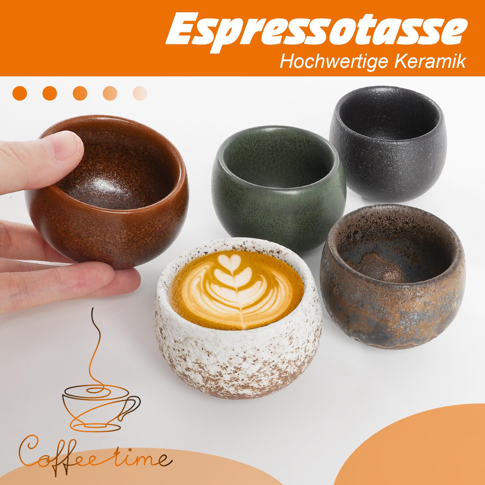 POFIBO Espressokopjes, 5-delige set espressokopjes, aardewerk, 50 ml kleine theekopje, espressokopjes, zonder handvat, dikwandig, keramische koffiekopjes, cadeau voor vrouwen en mannen, beste vriendin