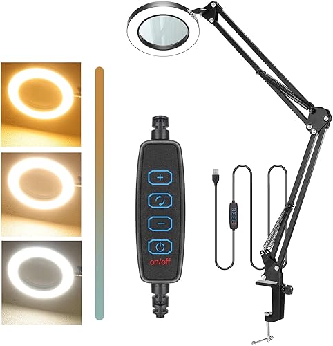 Lupa con luz y soporte, lupa iluminada LAKIX 10X con 72 luces LED, 3 modos de color lupa iluminada y brazo ajustable para lectura, manualidades,