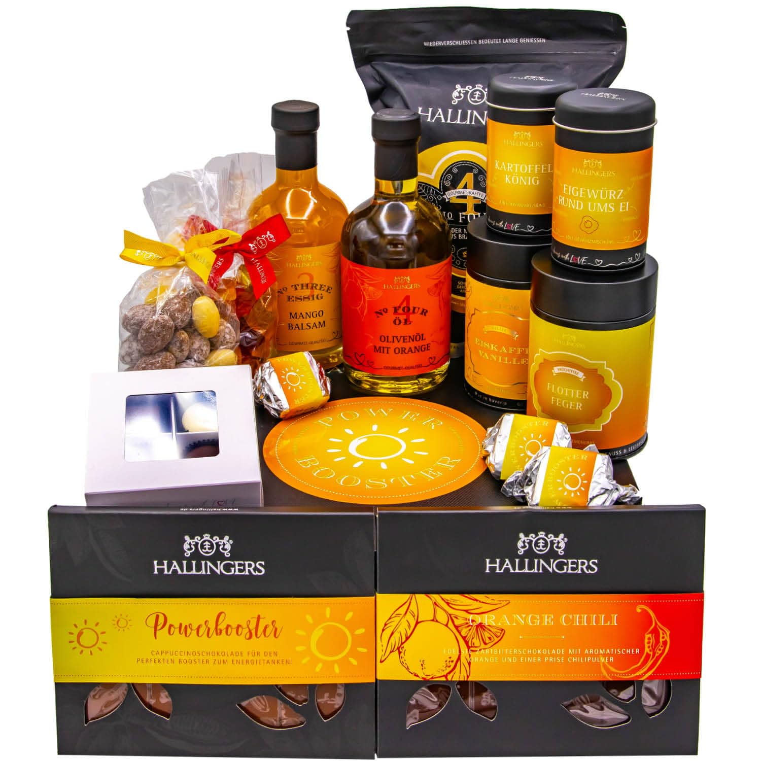 Hallingers Genuss Manufaktur Feinkost Geschenk-Set - XXL-Geschenkkorb "Power Booster" großer Powergruß Öl, Essig, Kaffee, Eistee, Nougat, Pralinen, Schoki & mehr, Geschenkidee für Frauen Männer