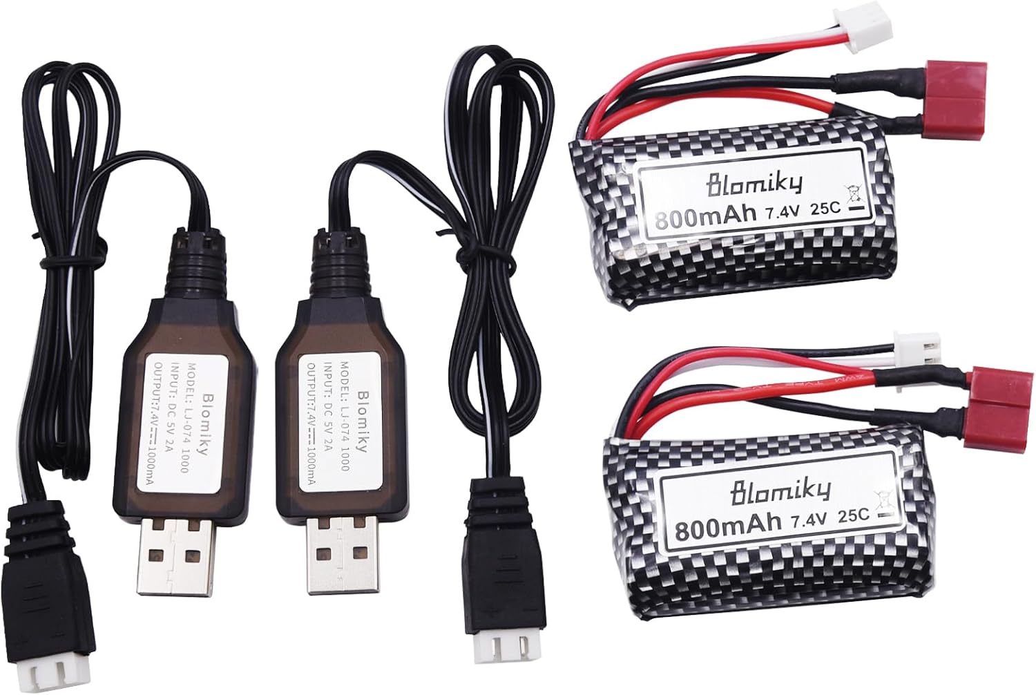 Blomiky 2 Pack 7.4V 800mAh 2S Li-ion 15C Battery with T Plug and USB Cable Compatible with BEZGAR 5 HM162 HM161 and 9145 1:20 Remote Control Truck RC Cars HBX X03 RC Boat / 9135 Pro Battery T 2