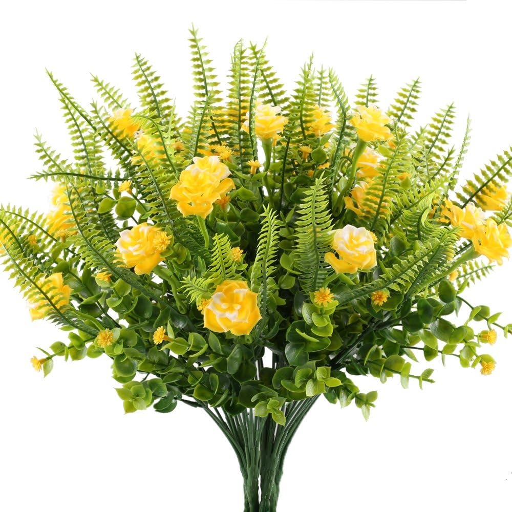 HOGADO Plastic Flowers Plants Artificial Fern Bush Artificial Greenery with Fake Yellow Flowers Arrangements Vase Realistic Fake Indoor Outdoor Flowers Plants for Hanging Baskets Garden Patio