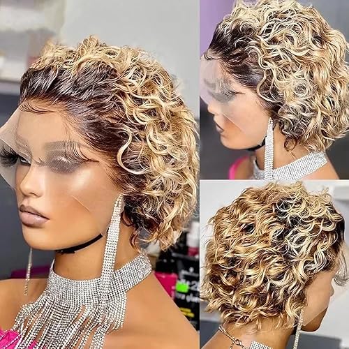 Pixie Cut Short Curly Lace Front Wigs Human Hair Ombre