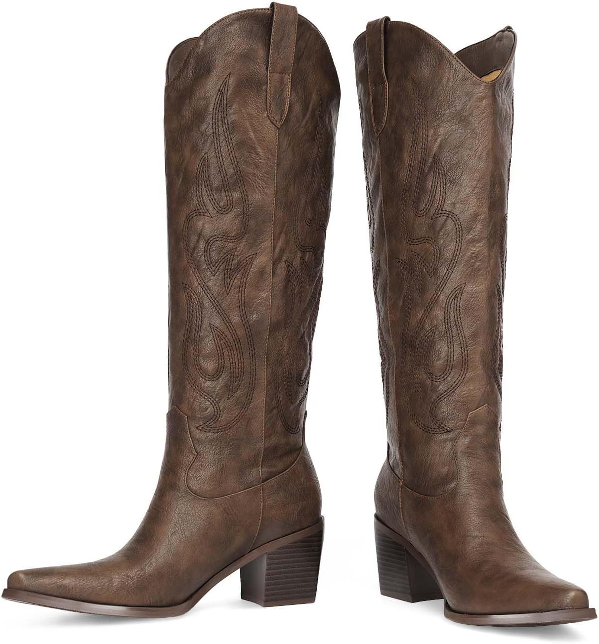 Pasuot Western Cowboy Boots for Women - Knee High Wide Calf Cowgirl Boots, Slip On Pointed Toe Chunky Heel Fashion Retro Classic Pull On Tall Boot for Ladies Party Concert Bronze US 9.5 - Image 4