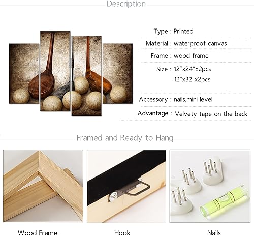 Miniatura 6 de sechars Lienzo deportivo de 4 piezas, arte de pared, diseño vintage de pelotas de golf, impresiones artísticas de naturaleza muerta, póster