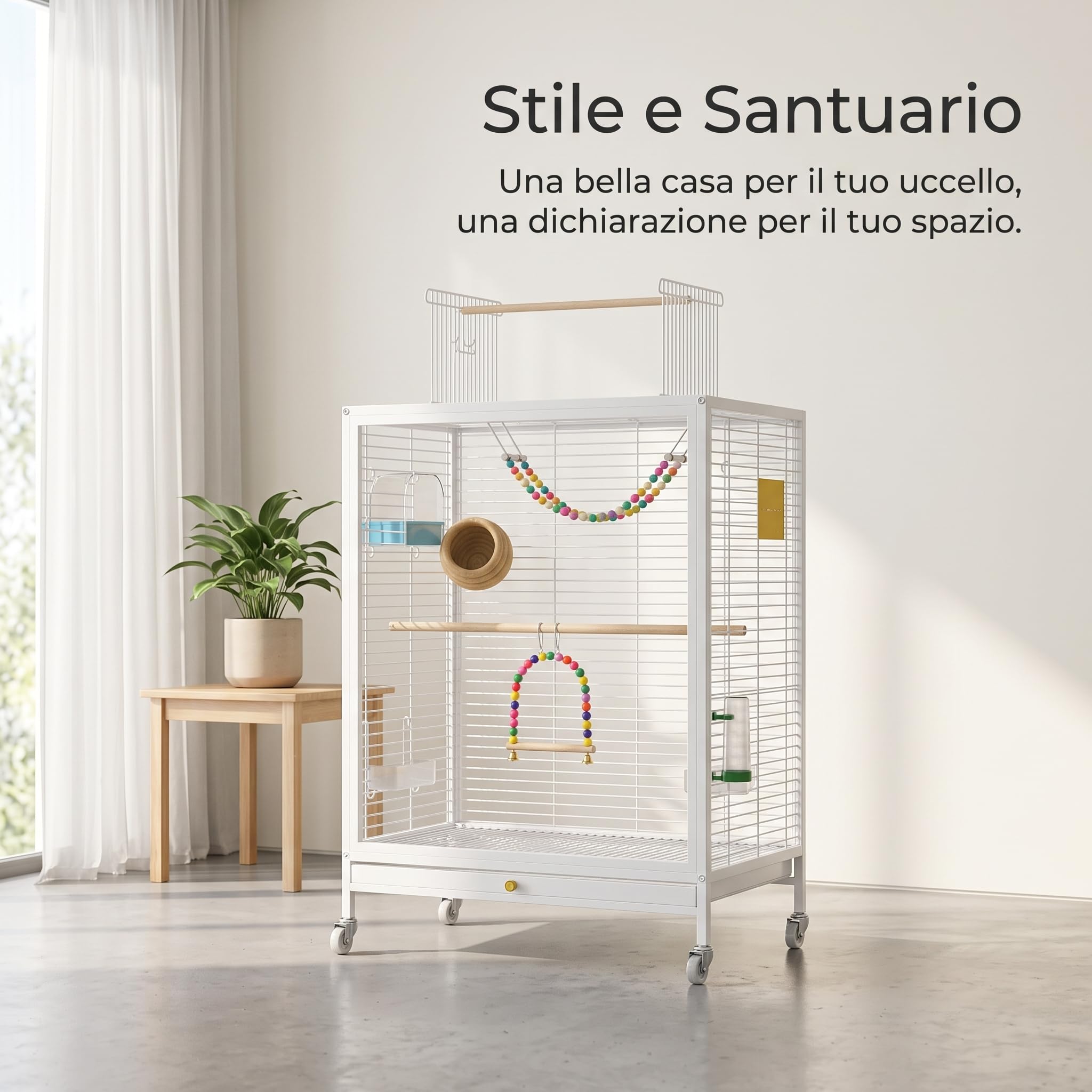 Gabbia per Uccelli e Voliera per Pappagalli, Gabbia per Canarini con Accessori, Design Anti-Spruzzo, in Metallo Resistente, Bianco, Lusso con scatola di allevamento abbinata, Bianco