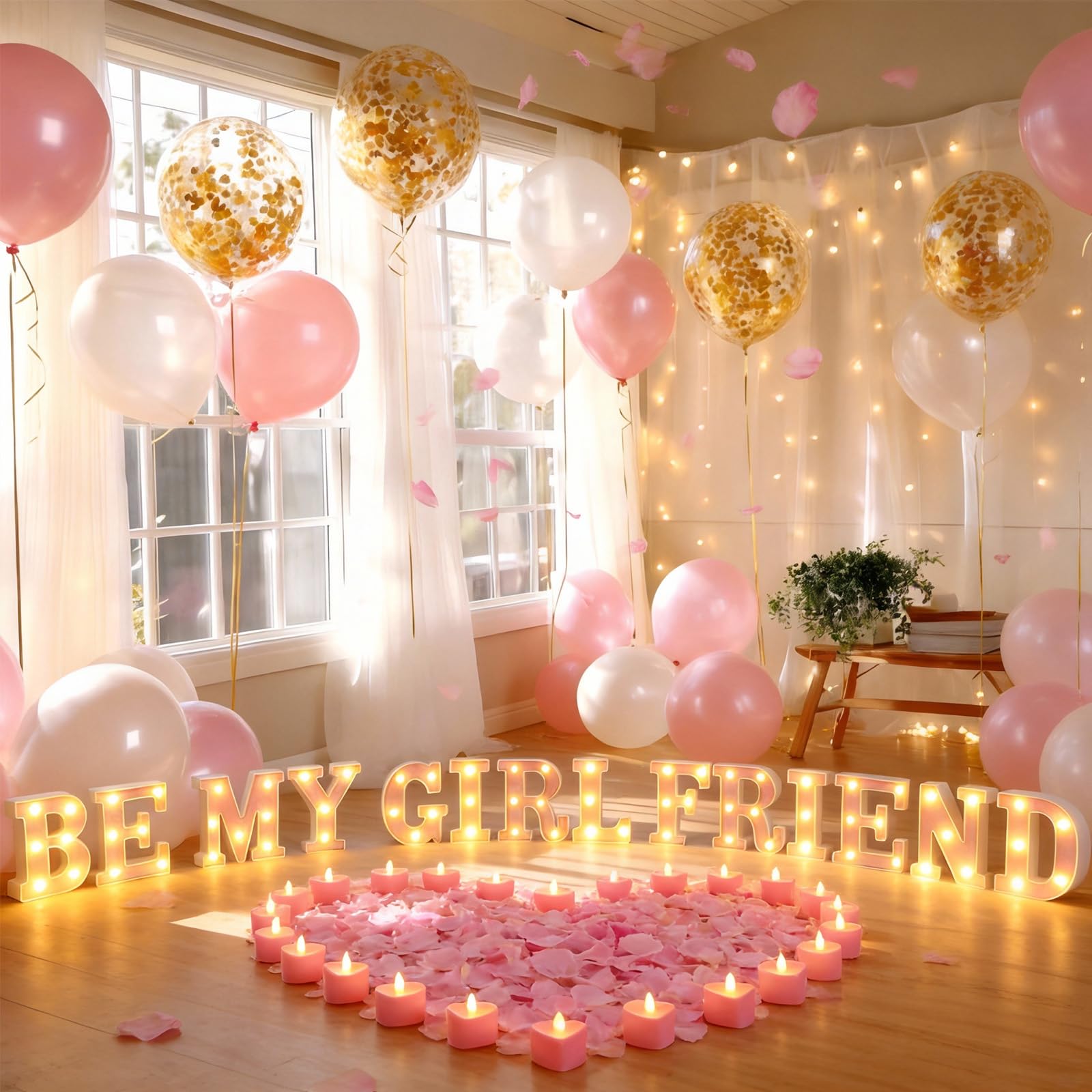 Ceenna 6038 letras iluminadas con texto en inglés "Be My Girlfriend", 24 letreros LED con 24 velas de corazón sin llama, 6000 pétalos de rosa artificiales, decoración romántica para el día de San