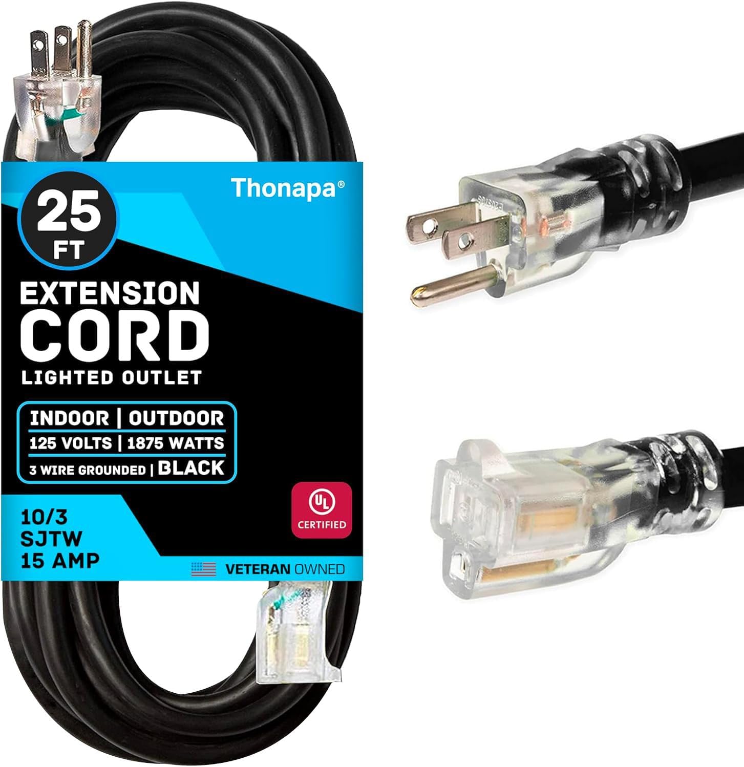 10 Gauge Extension Cord 25 Ft, Weatherproof Heavy Duty Outdoor Extension Cord 10 AWG 25', SJTW 3 Prong Lighted Plug 10/3 Black Cable 15 Amp, Great for Major Appliances & Garden Tools