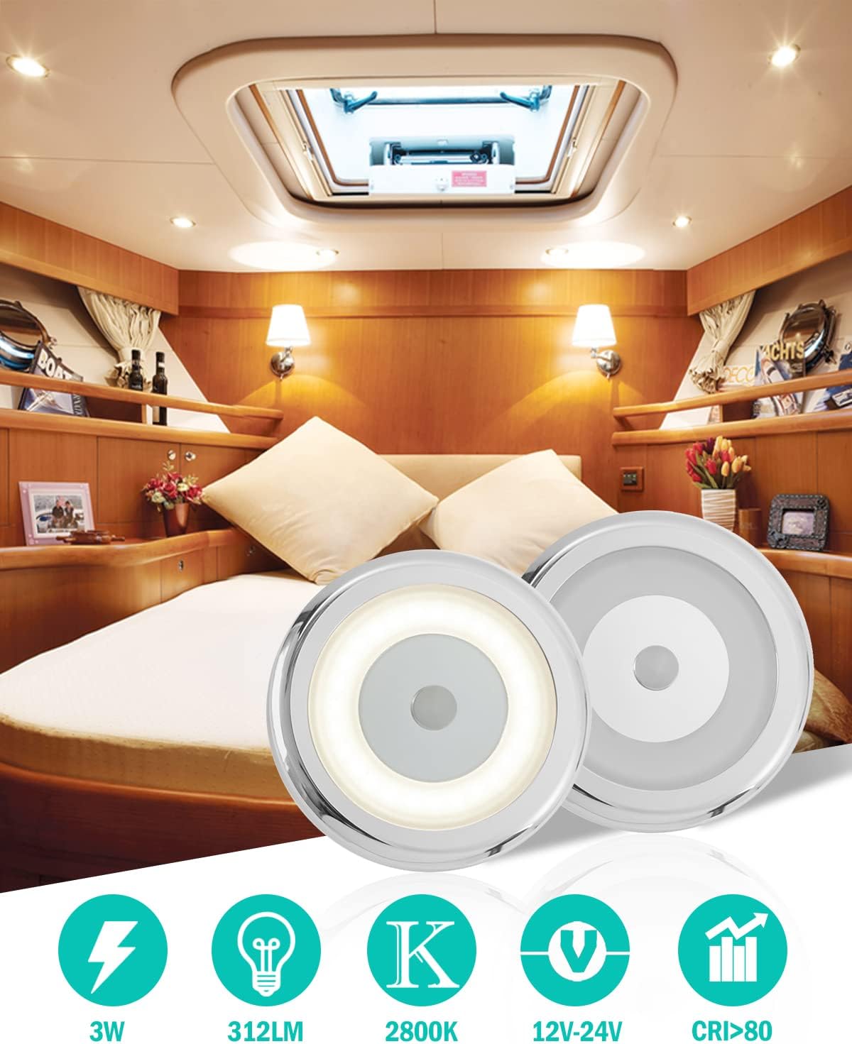 12V RV Ceiling LED Light with Dimmer Switch - DC 3W 2800K Warm White, Surface Mounted, Can be Used in Caravan, on Yachts, Boat, as Interior Lamps in Motorhome Camper Touring Car, Pack of 4