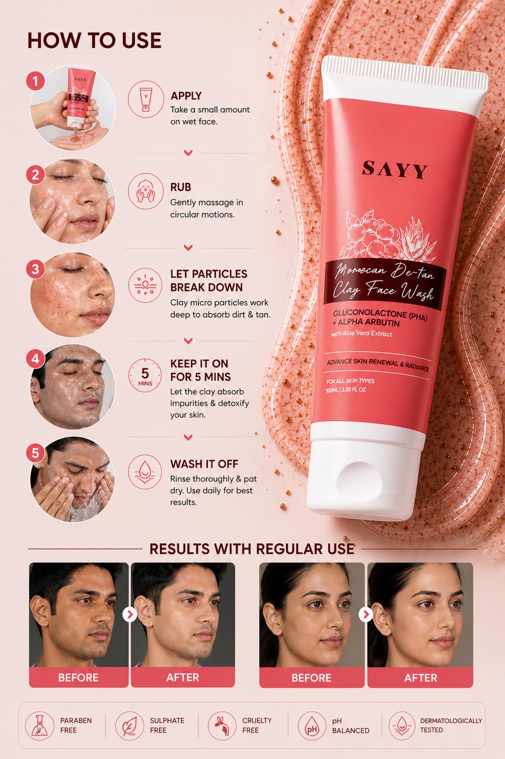 SAYY Moroccan De-Tan Clay Face Wash, Tan Removal, Deep Cleansing and Skin Brightening, with Aloe Vera Extract, for All Skin Types 2