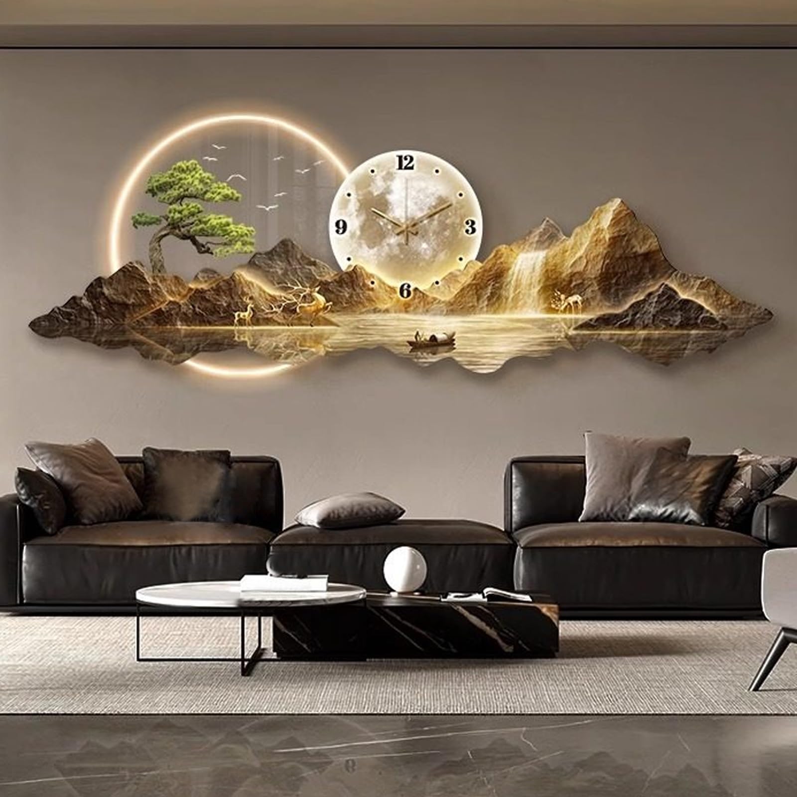 3D Led Orologio Decorazione Murale, Materiale In Porcellana Cristallina, Design Dell'illuminazione Senza Cornice, Kunstvolle Wandgestaltung, Adatto Al Soggiorno(Brown1,150x50cm/59x19.7'')