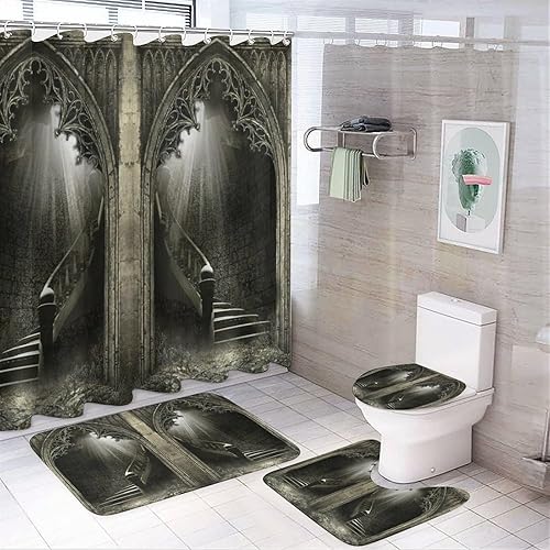 Brebasf Juego de 4 cortinas de ducha impermeables estilo gótico de Halloween, diseño de castillo vintage, terror, arco nostálgico aterrador con