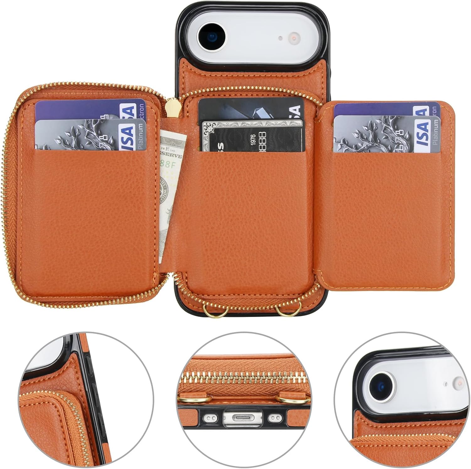 Bocasal RFID Blocking Wallet Case for iPhone 17 Air, Adjustable Crossbody Zipper Purse Case Card Holder with Kickstand Detachable Wrist Strap, PU Leather Flip Folio Case 6.5 Inch 5G (Brown)