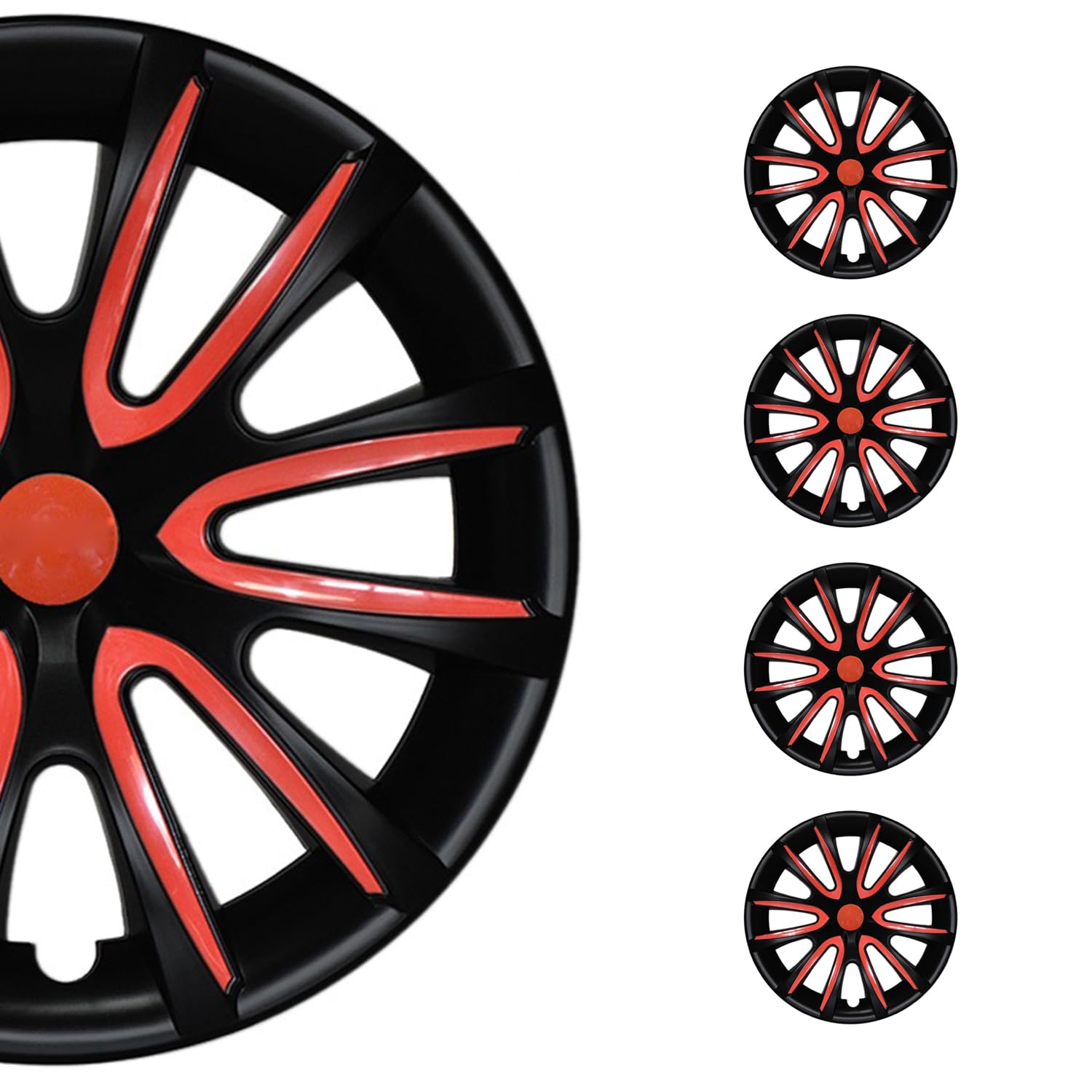 OMAC Lot de 4 enjoliveurs 16" compatibles avec voiture - En Pa66 M20 + matériau ABS PP - 1 jeu (4 pièces) - Noir/rouge mat - Avant et arrière