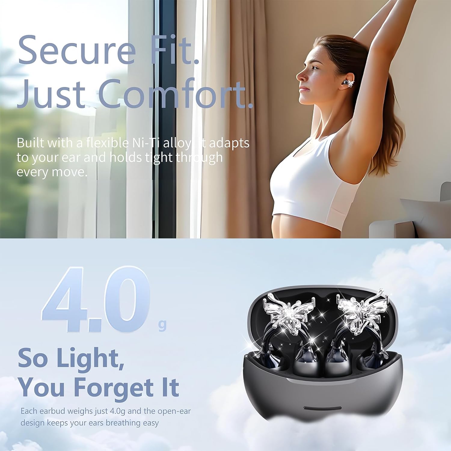 Clip On Earbuds for Women Small Ears, Open Ear Wireless Headphones with Crystal Earrings, Secure Fit Comfortable Painless Ear Clip Earbuds, 50H Playtime ENC Clear Call IP56 Waterproof