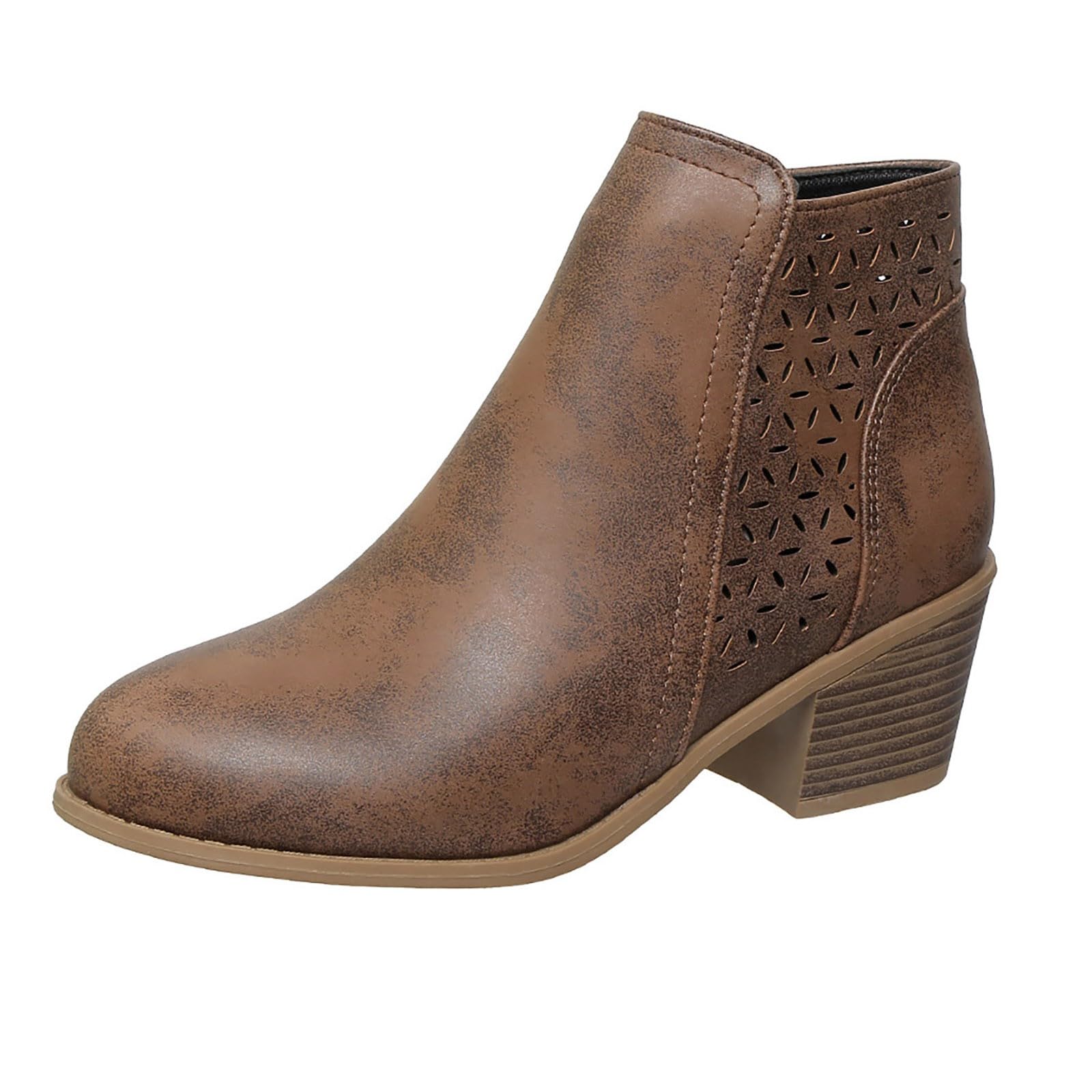 Womens PU Leather Ankle Boots Cutout Prints Pointed Toe Chunky Block Heel Fall Winter Short Booties with Side