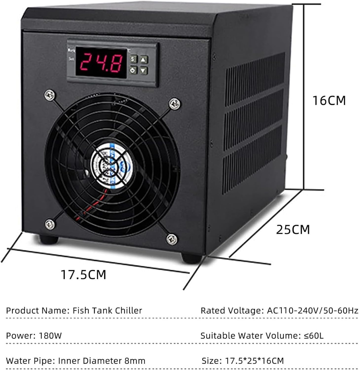 Aquarium Water Chiller Cooler Cooling Adjustable Hydroponics Chiller, 60L/160L/300L Air-Cooled Quiet with Compressor Refrigeration for Coral Reef Tank,1