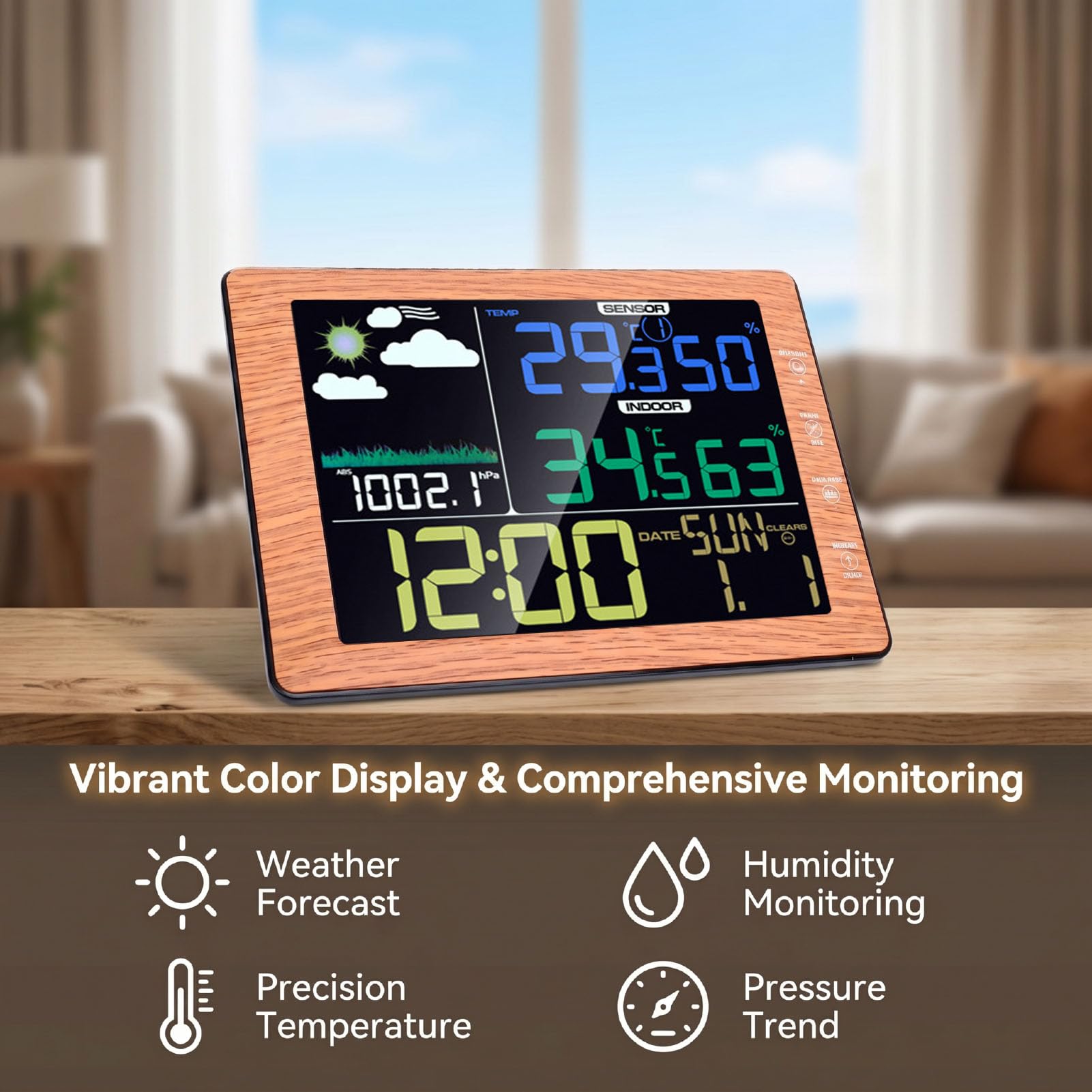 Wettervorhersagestation, Kabelloses Thermometer | Sprachgesteuerte Hintergrundbeleuchtung, 3 Helligkeitsstufen, Smart Night View, Wecker