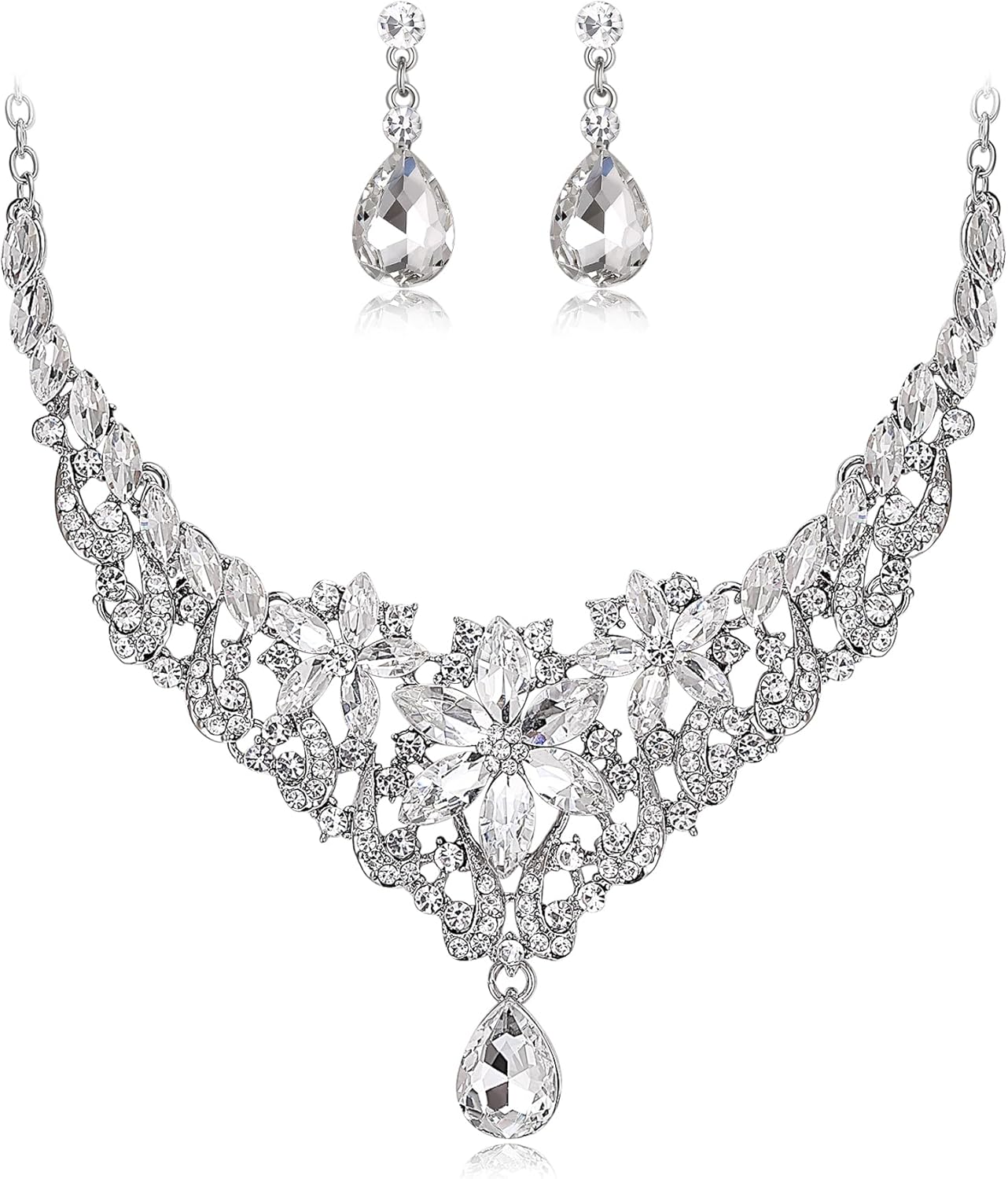 BriLove Wedding Jewelry Set for Women Bride, Gorgeous Stunning Crystal Marquise Teardrop Cluster Statement Necklace Dangle Drop Earrings Prom Accessories