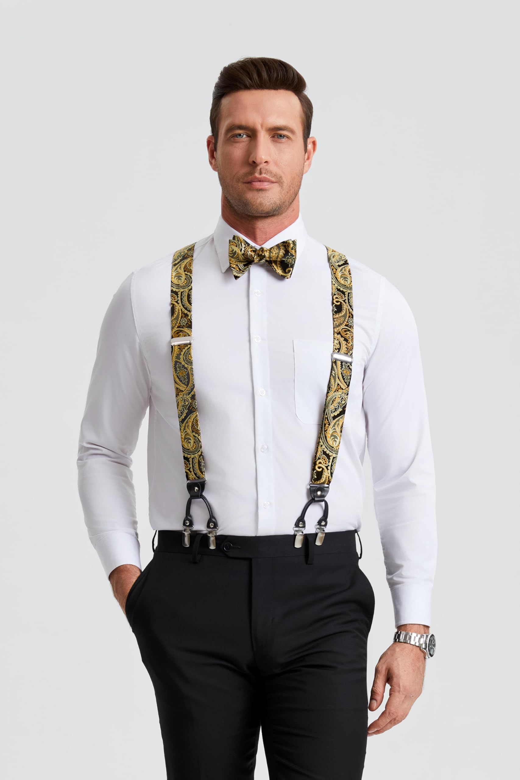 HISDERN Hosenträger für Herren breit Fliege Einstecktuch Set elastisch und längenverstellbar in verschiedenen Designs