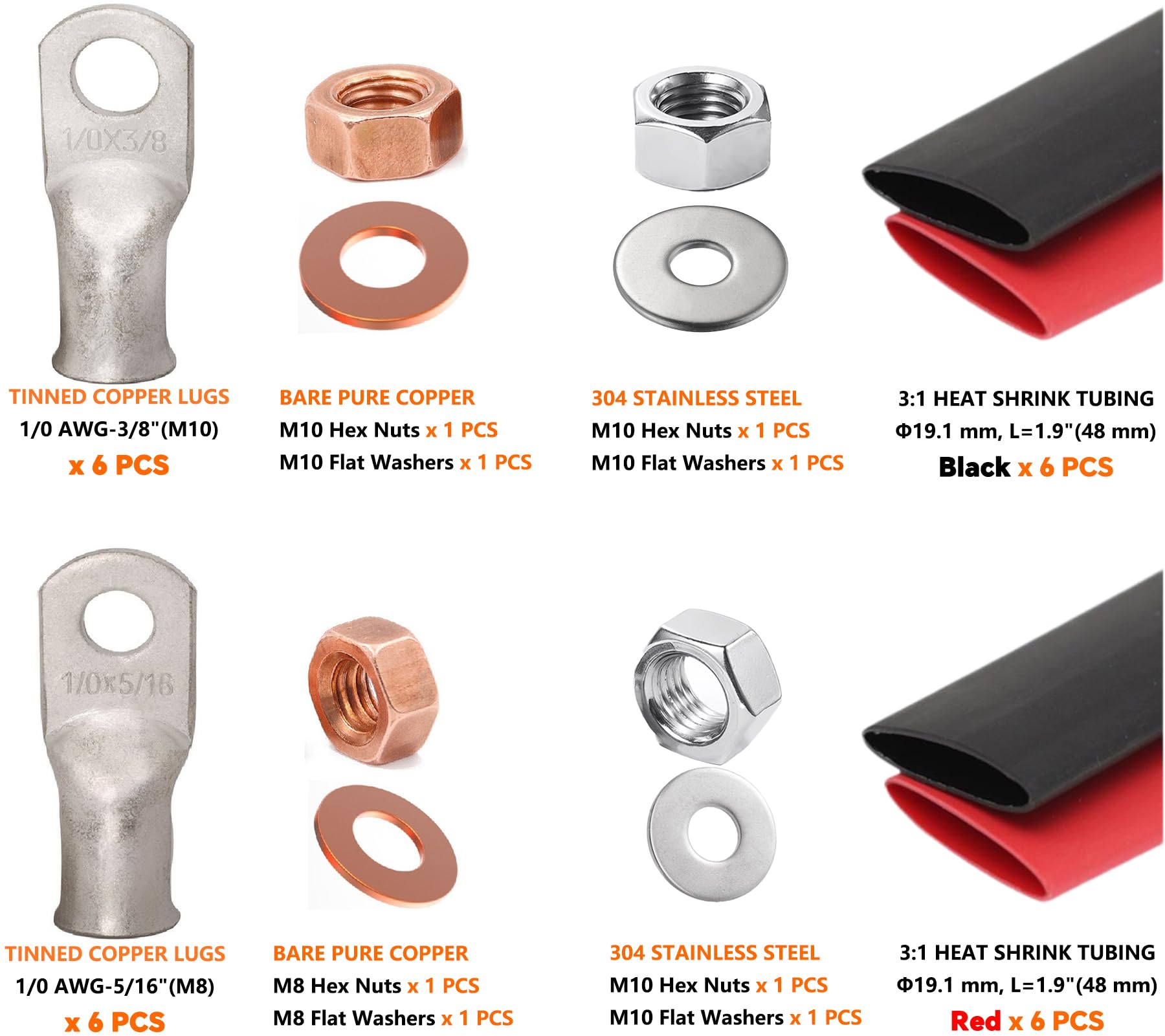 SVAAR Kit de aletas de cobre estañado calibre 0 0 AWG terminales de cable de batería 1/0 AWG 3/8" y 1/0 AWG 5/16" terminales de anillo, 8 terminales de cable calibre 0 + 8 termorretráctiles 3:1 + 2
