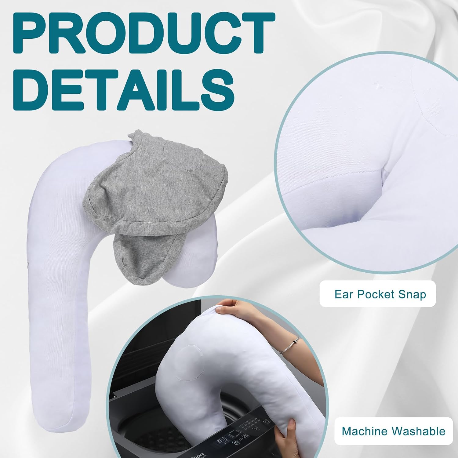 Breling 2 Pcs Side Sleeper Pillowcase Curved Pillowcase Extends Product Life of Pillow for Protective Pillows with Zipper Against Stains Enclosure Removable Washable Cover, White Gray, No Pillow Core