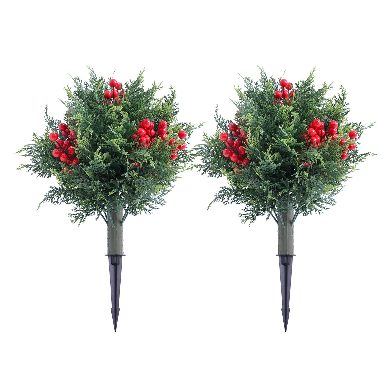 Sonew Confezione da 2 Piante Topiarie di Cedro Artificiale con Punte da 17,7 Pollici per Esterni in Finto PE Verde con Bacche di Schiuma per la Decorazione del Giardino del Portico Tutto l'anno