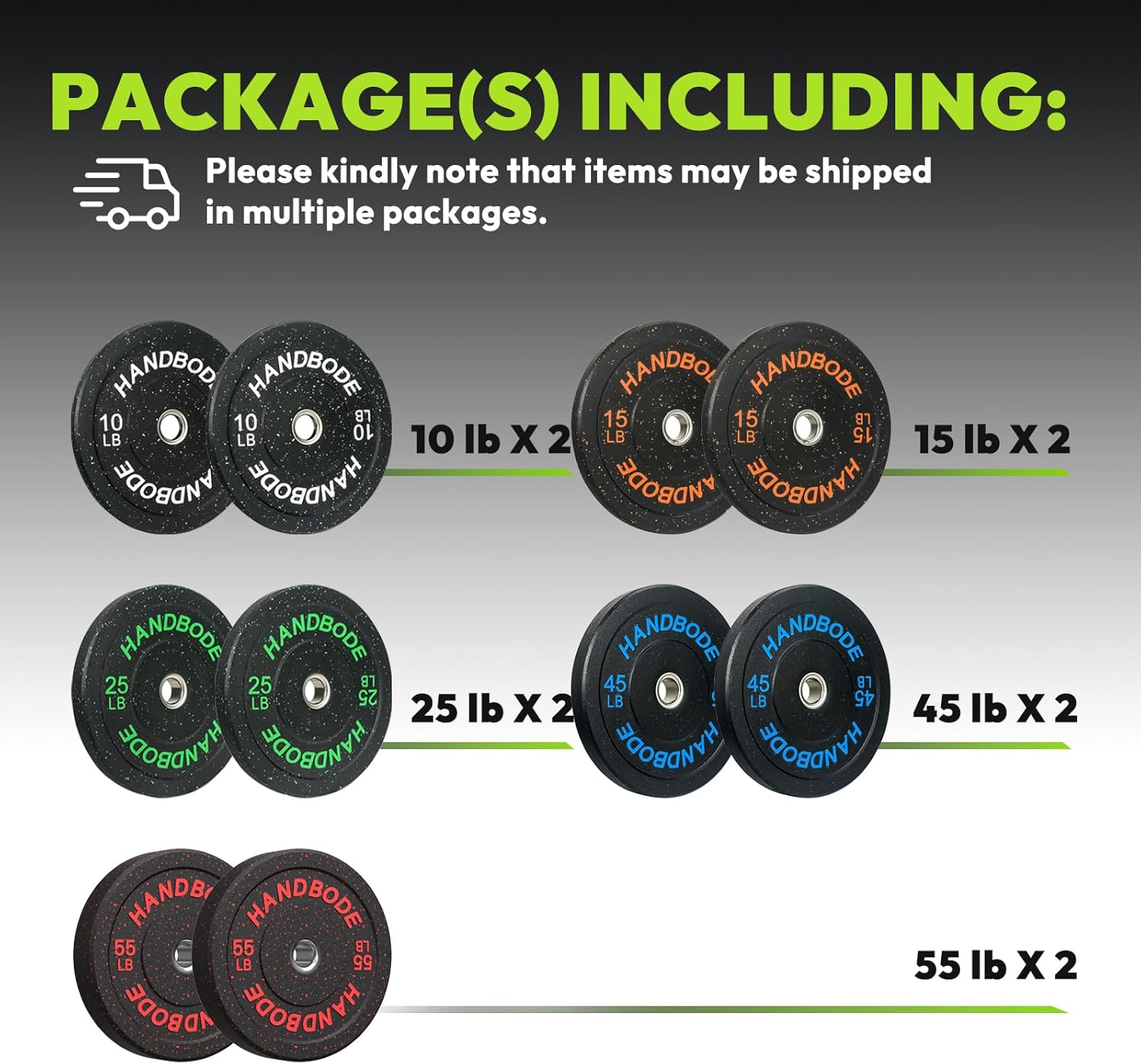 HANDBODE 2-Inch Bumper Plates High Bounce, Olympic Weight Plate Set 45/100/160/190/260/300lb, Barbell Weight Plates Set for Home Gym, Colored Weights Rubber Strength Training Plate for Weight Lifting