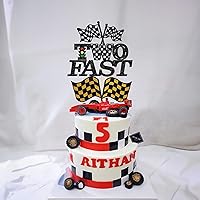 Vista 7 de Gyufise 1 pieza de decoración de pastel de cumpleaños con dos banderas negras con purpurina a cuadros para coche de carreras de 2º cumpleaños