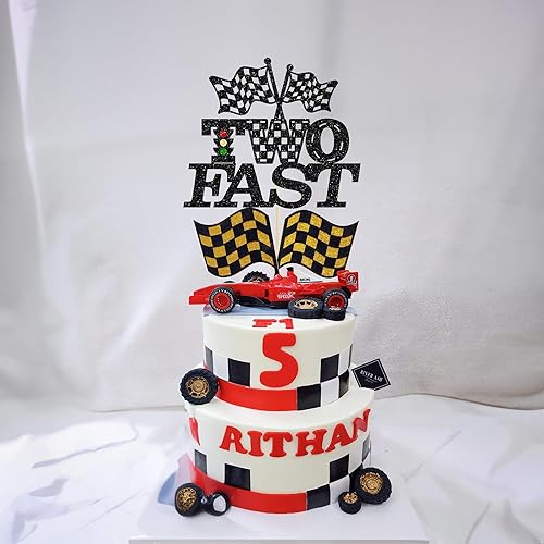 Miniatura 7 de Gyufise 1 pieza de decoración de pastel de cumpleaños con dos banderas negras con purpurina a cuadros para coche de carreras de 2º cumpleaños